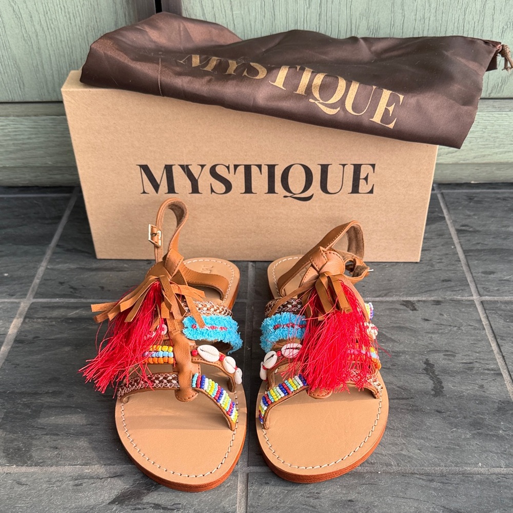 Mystique Boutique Boho Chic Sandals - Brown with Red and Blue Accents